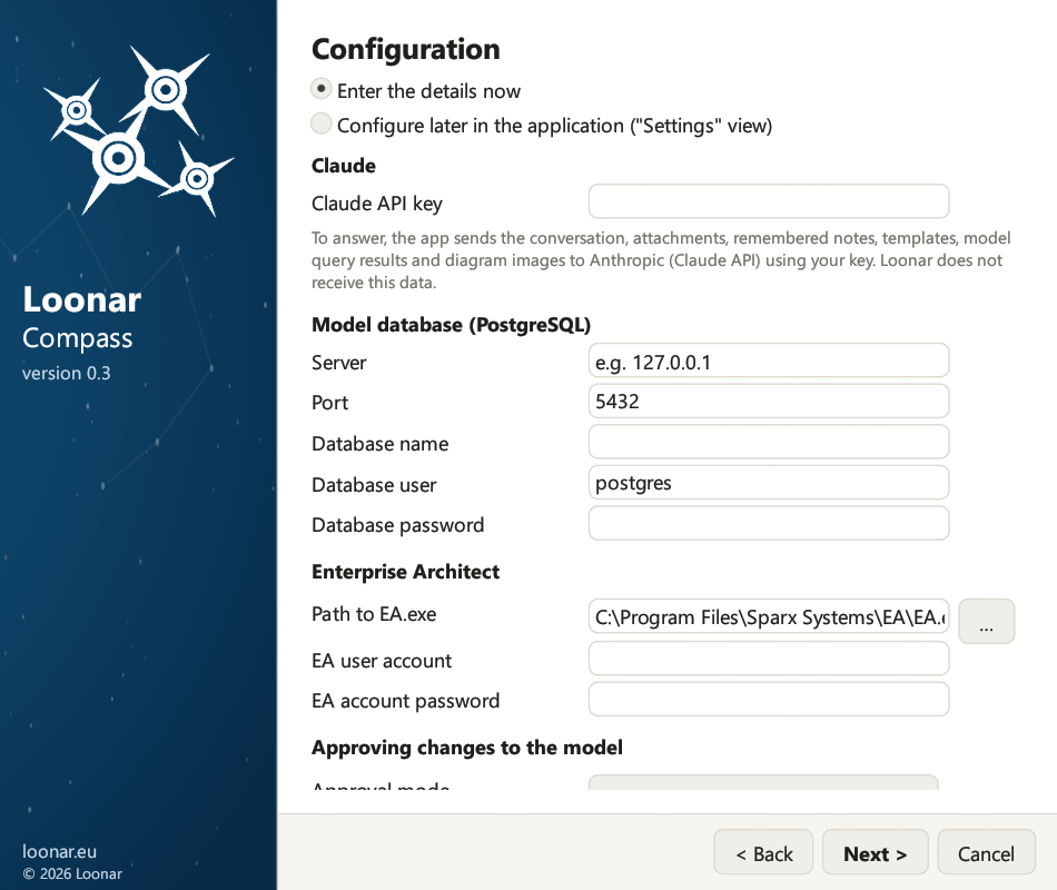 Setup wizard: optional configuration of the Claude API key, model database, Enterprise Architect and approval mode
