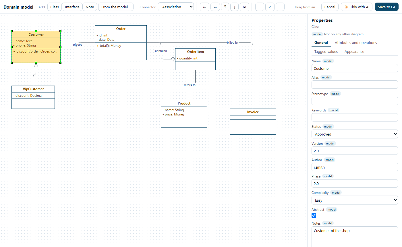 Diagram editor with a class diagram and the Properties panel