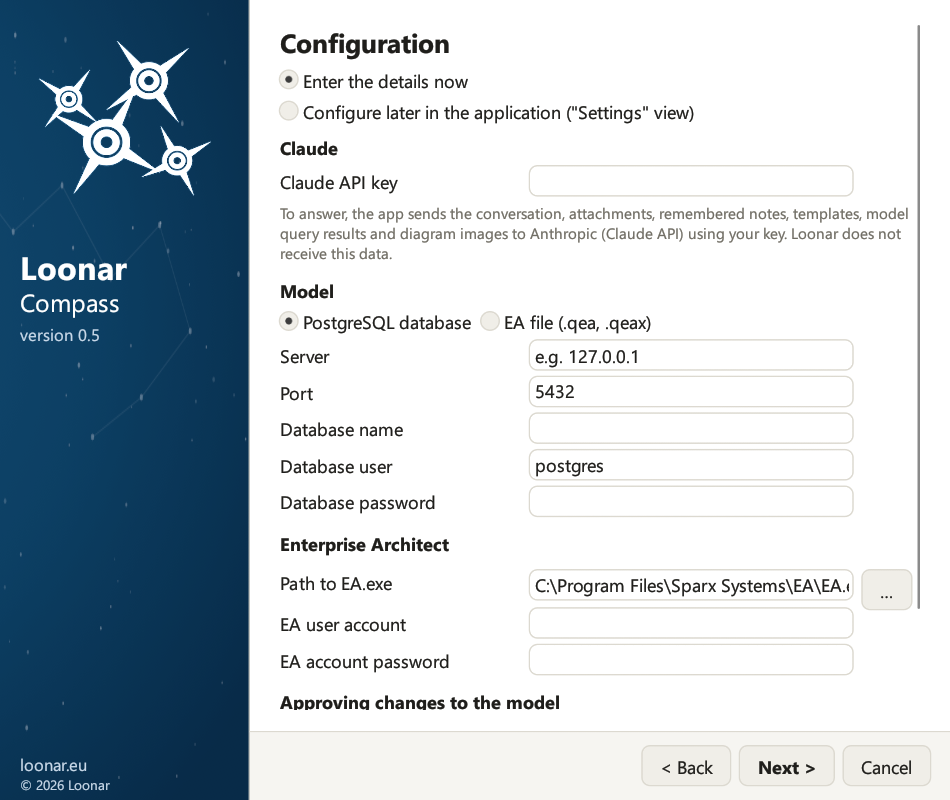 Setup wizard: optional configuration of the Claude API key, the model (database or file), Enterprise Architect and approval mode