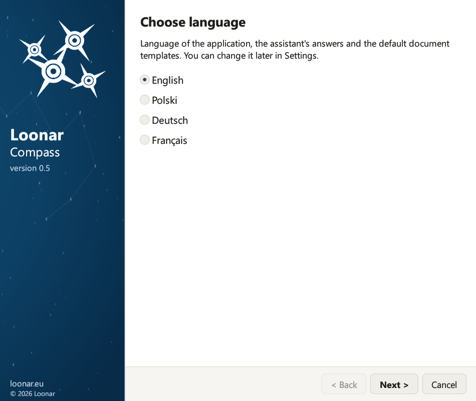 Setup wizard: the language selection page with Polish, English, German and French